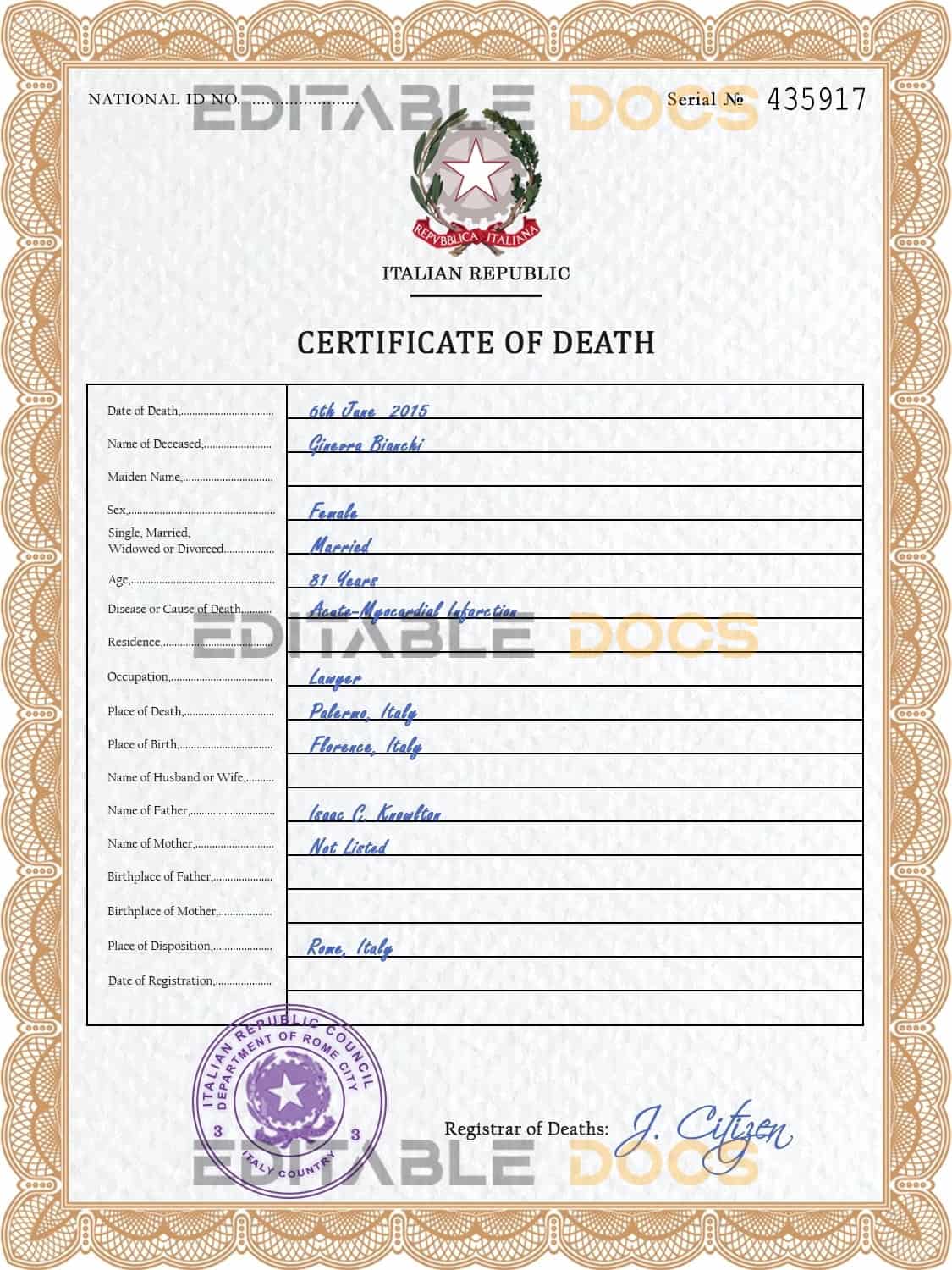 Customizable Italy Death Certificate PSD Templates | Instant Download