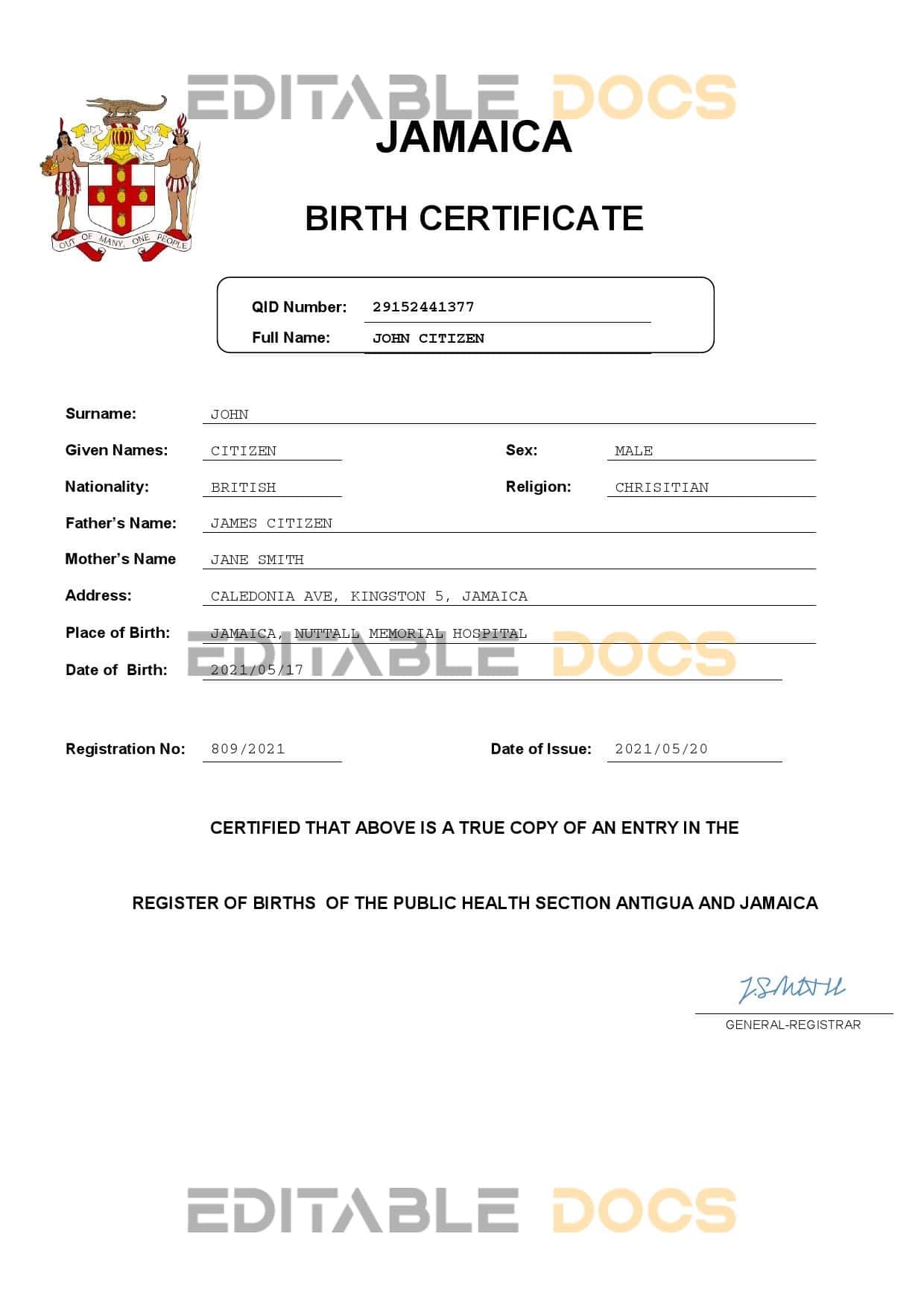 Authentic Jamaica Birth Certificate Template | Customize and Download Online