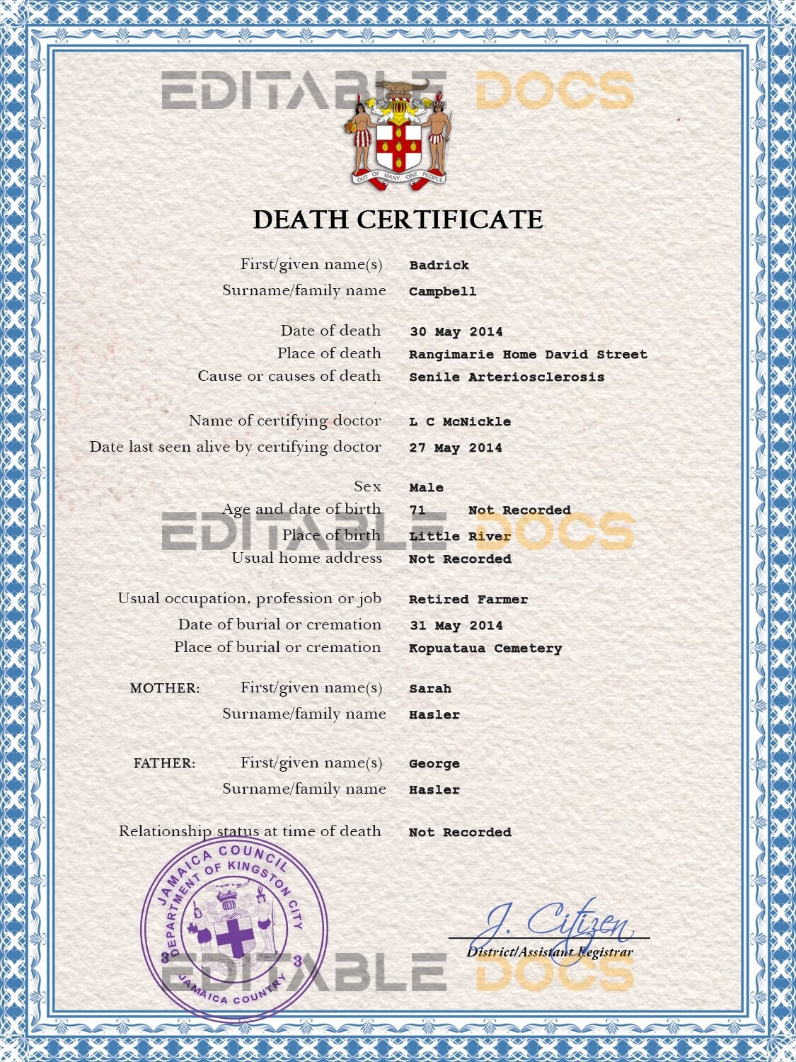 Customizable Jamaica Death Certificate PSD Templates | Instant Download