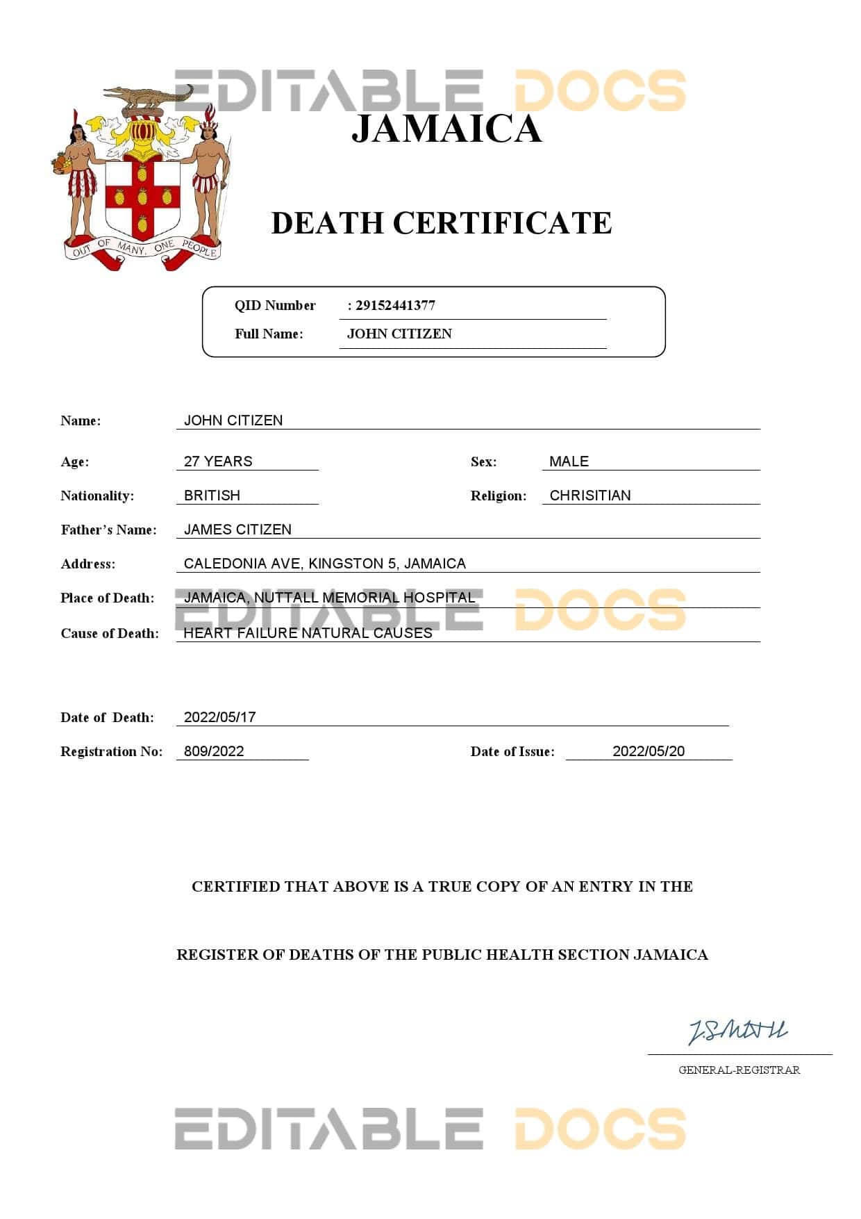 Fillable Jamaica Death PDF Templates | Blank Docs