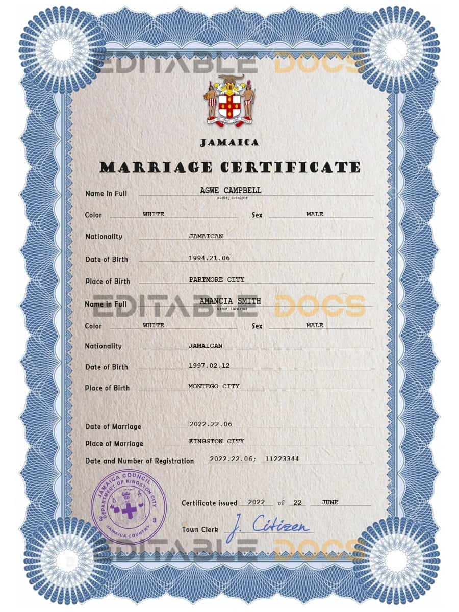 Jamaica Marriage Certificate | Editable PDF Templates