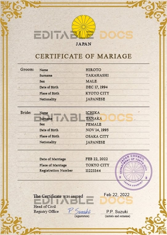 Japan Marriage Certificate | Editable PDF Templates