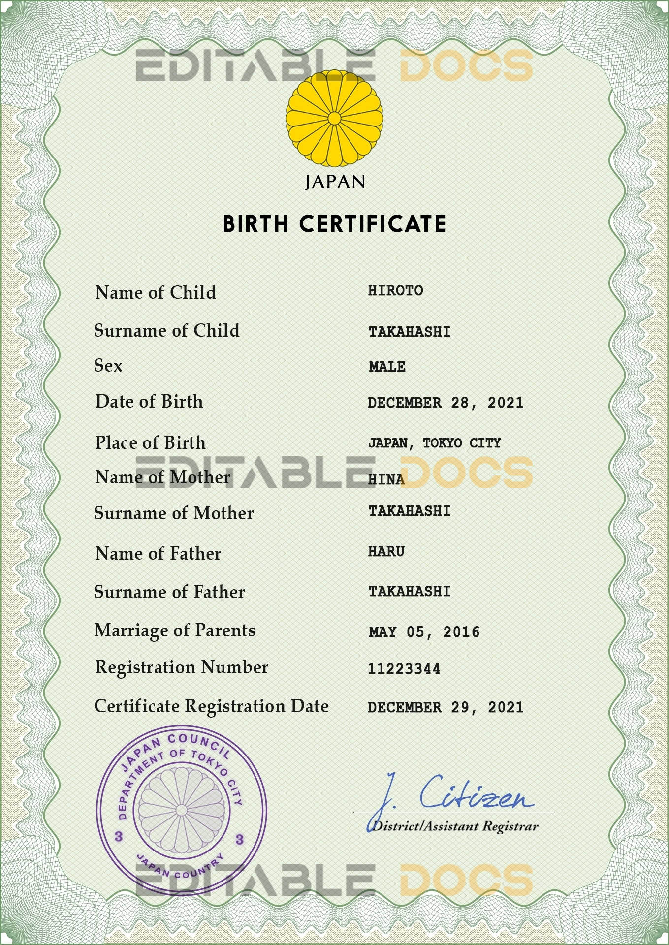 Authentic Japan Birth Certificate Template | Customize and Download Online