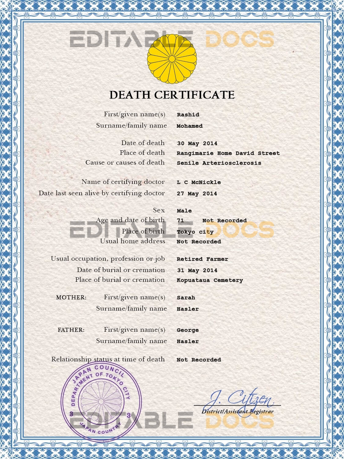 Customizable Japan Death Certificate PSD Templates | Instant Download