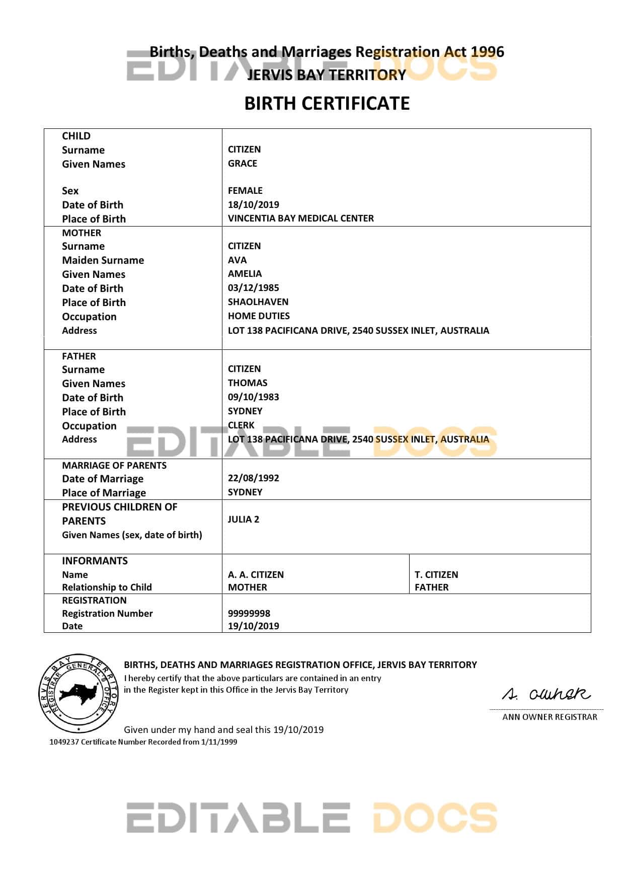 Authentic Australia Jervis Bay territory Birth Certificate Template | Customize and Download Online