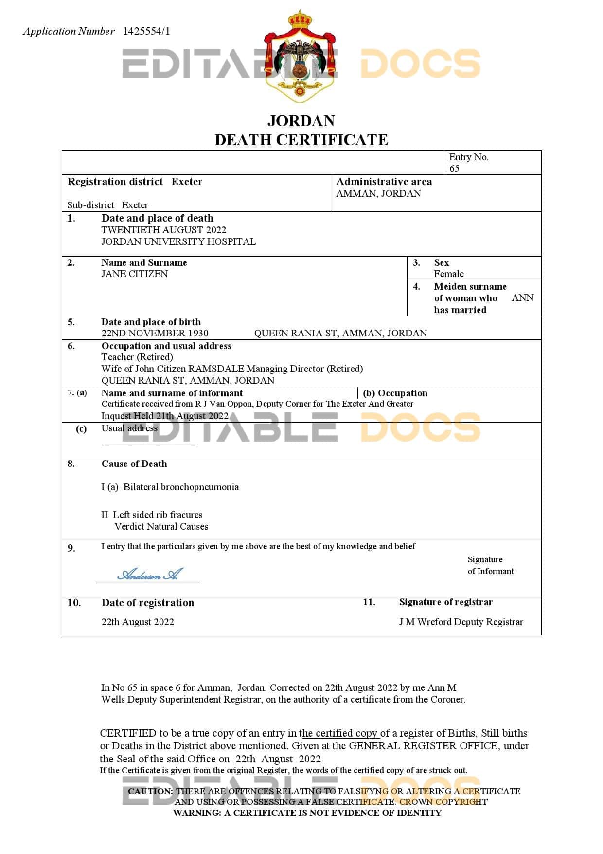 Fillable Jordan Death PDF Templates | Blank Docs