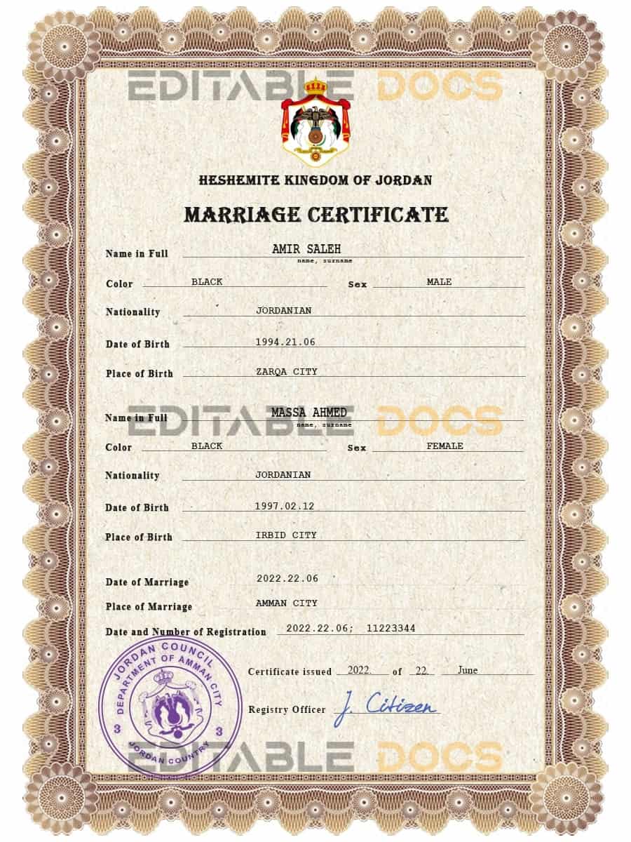 Jordan Marriage Certificate | Editable PSD Templates