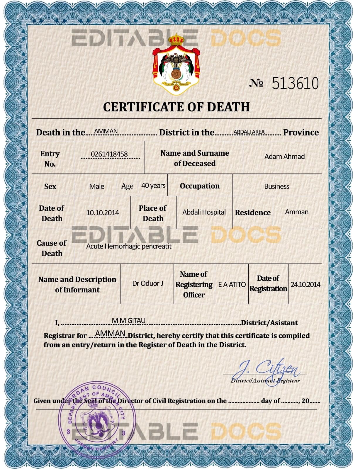 Customizable Jordan Death Certificate PSD Templates | Instant Download