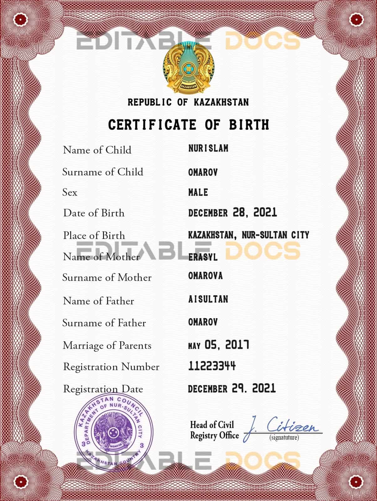 Authentic Kazakhstan Birth Certificate Template | Customize and Download Online