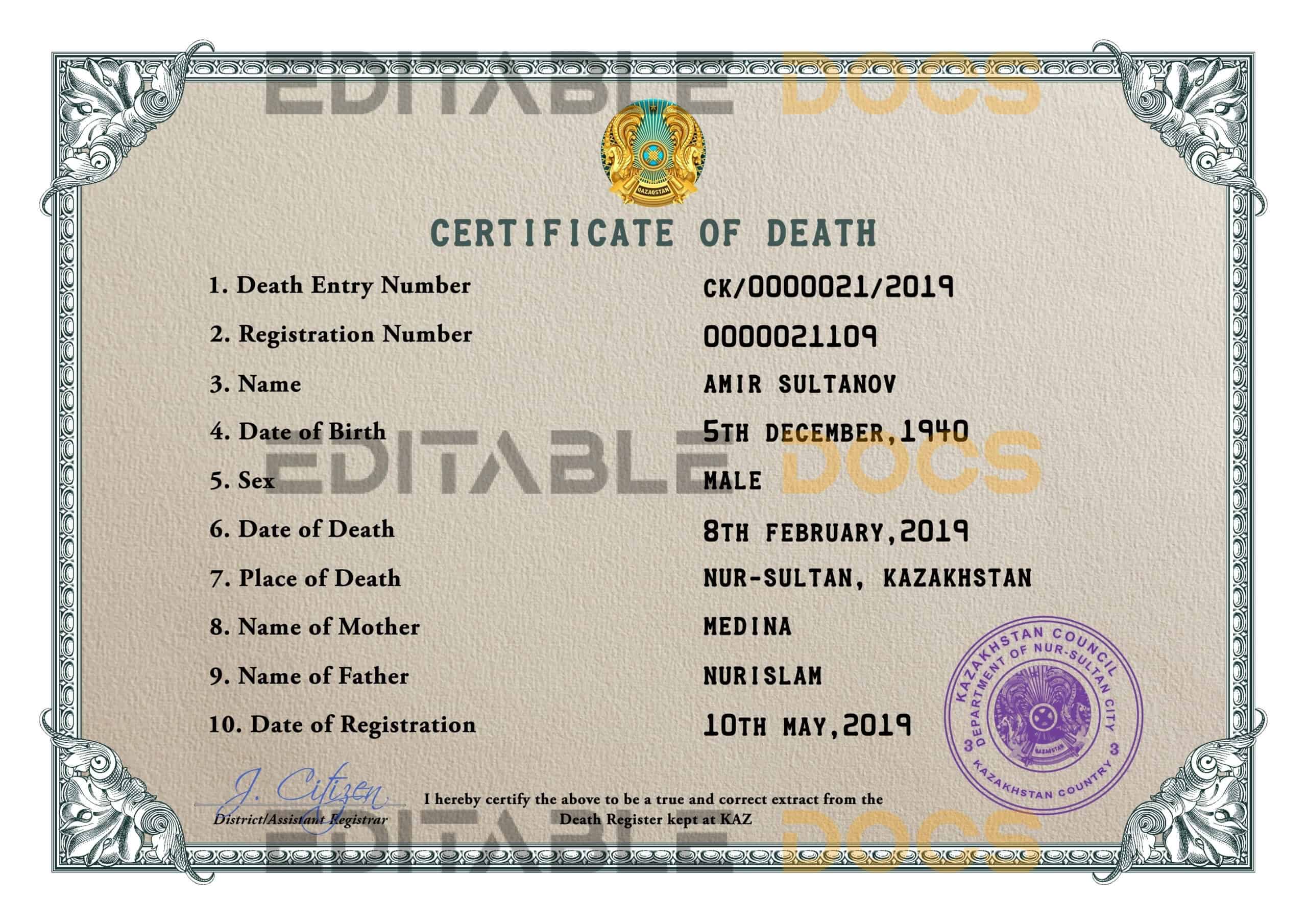 Customizable Kazakhstan Death Certificate PSD Templates | Instant Download
