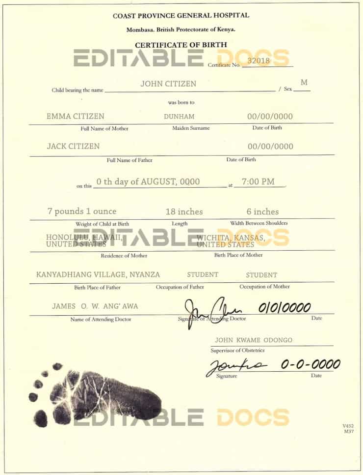 Authentic Kenya Birth Certificate Template | Customize and Download Online