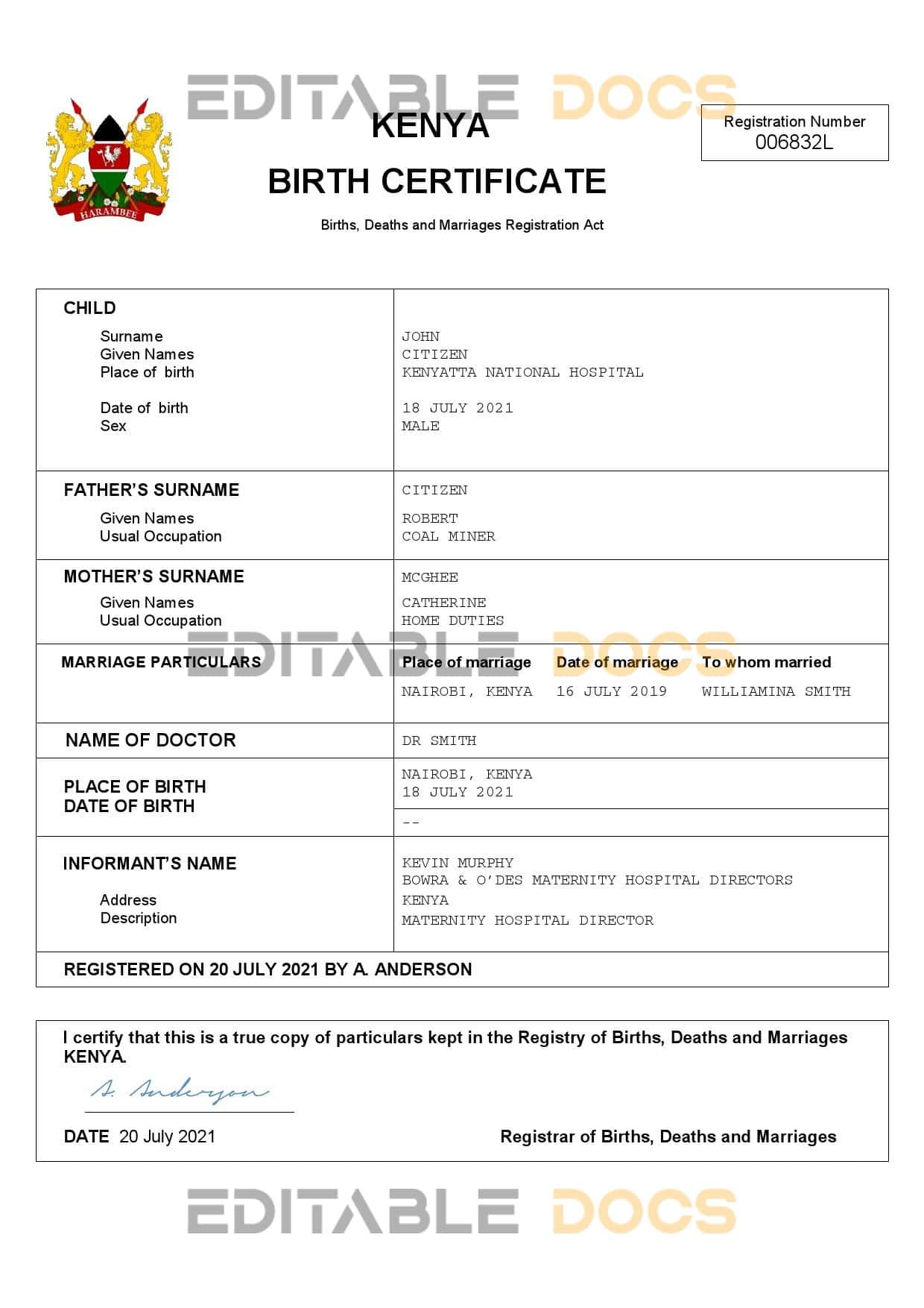 Authentic Kenya Birth Certificate Template | Customize and Download Online