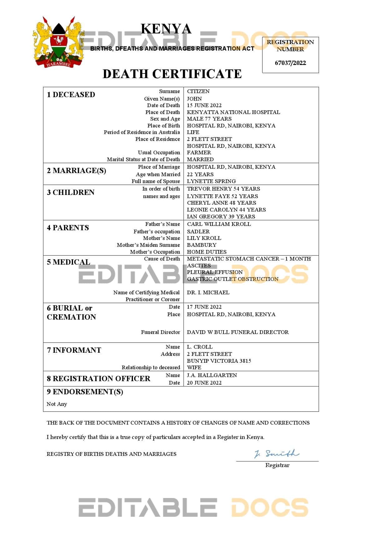 Fillable Kenya Death PDF Templates | Blank Docs