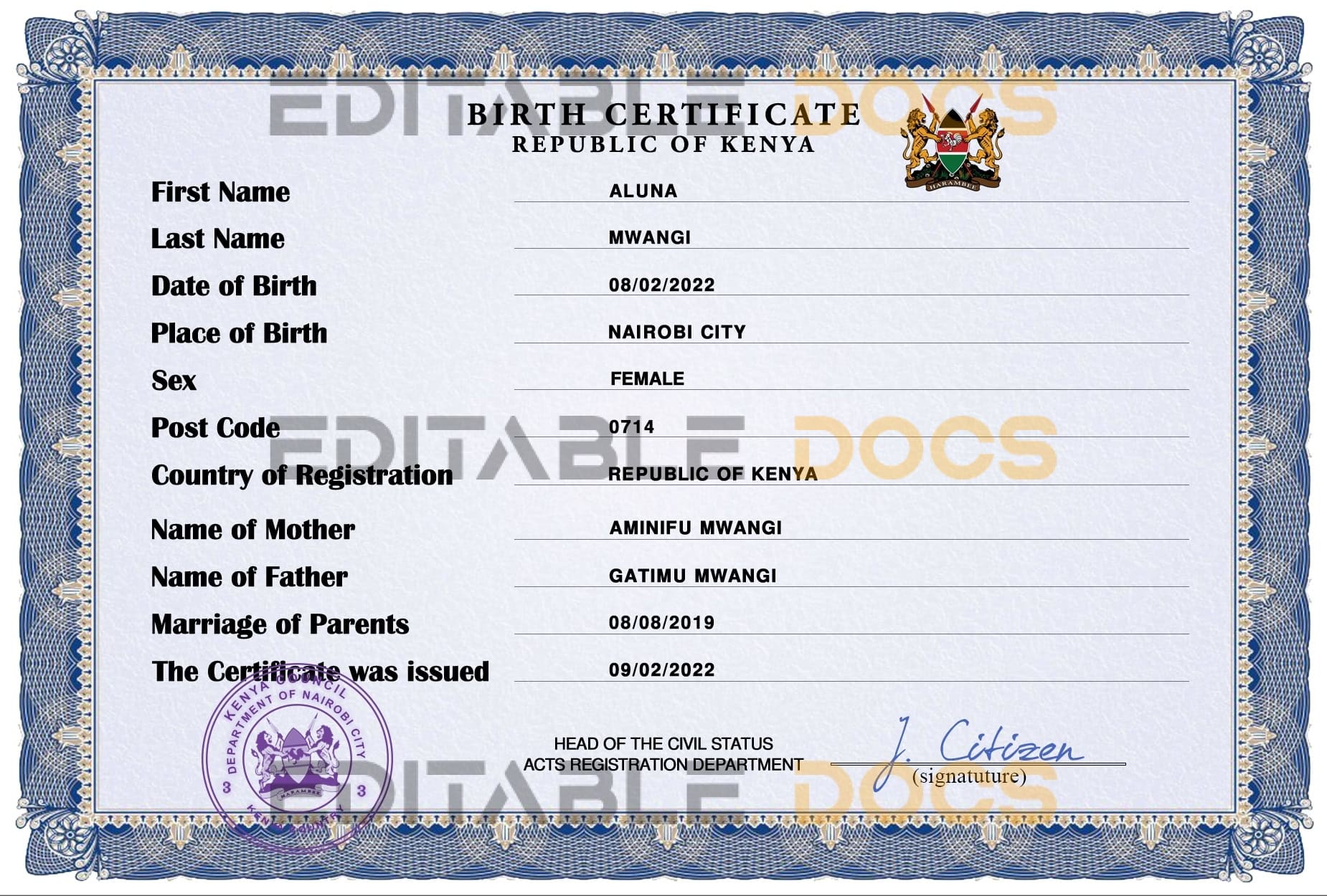 Authentic Kenya Birth Certificate Template | Customize and Download Online