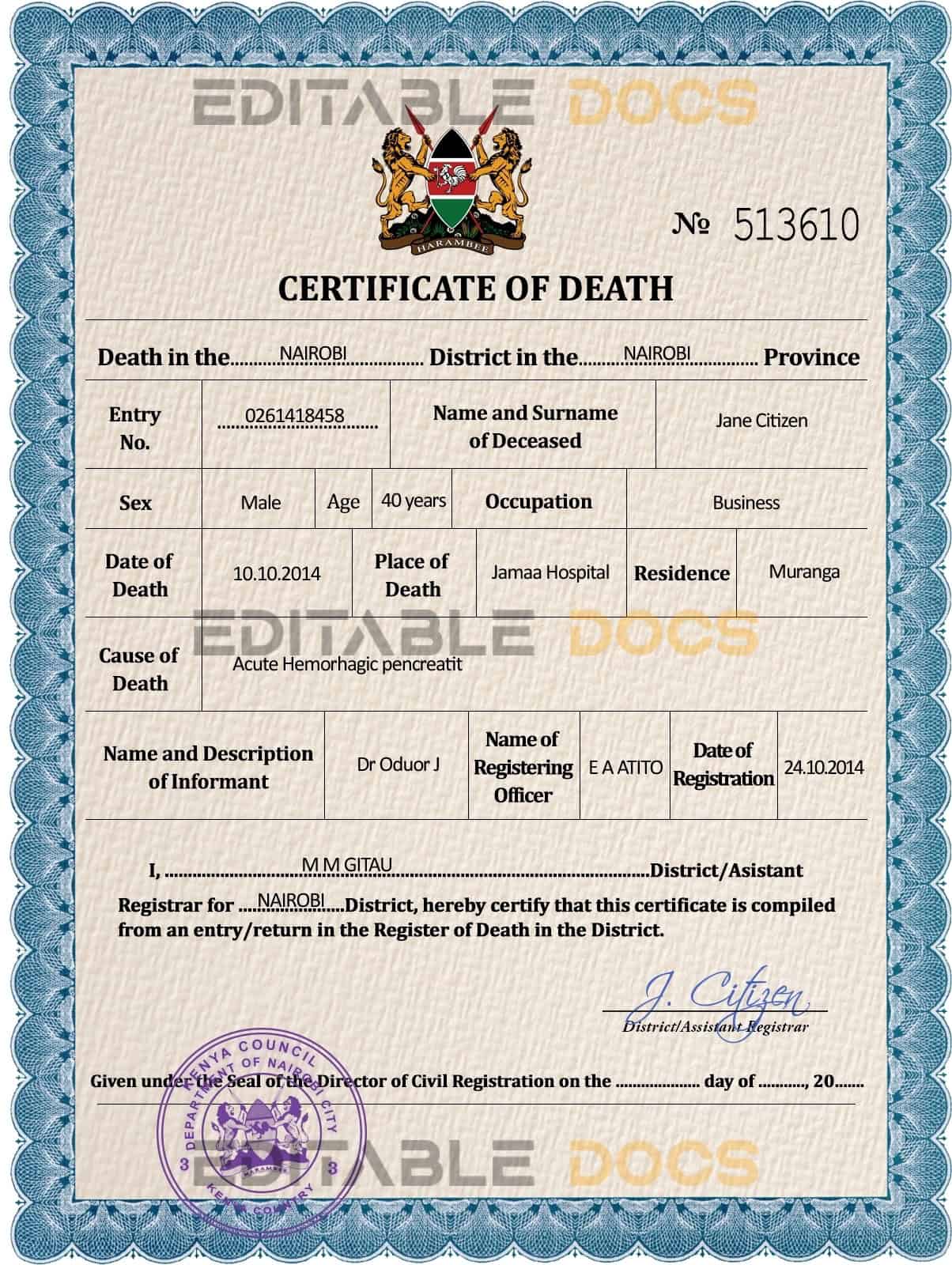 Customizable Kenya Death Certificate PSD Templates | Instant Download