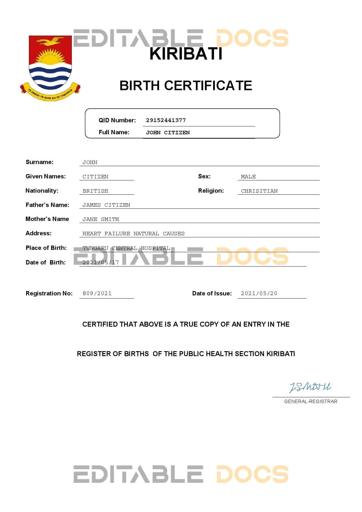 Authentic Kiribati Birth Certificate Template | Customize and Download Online