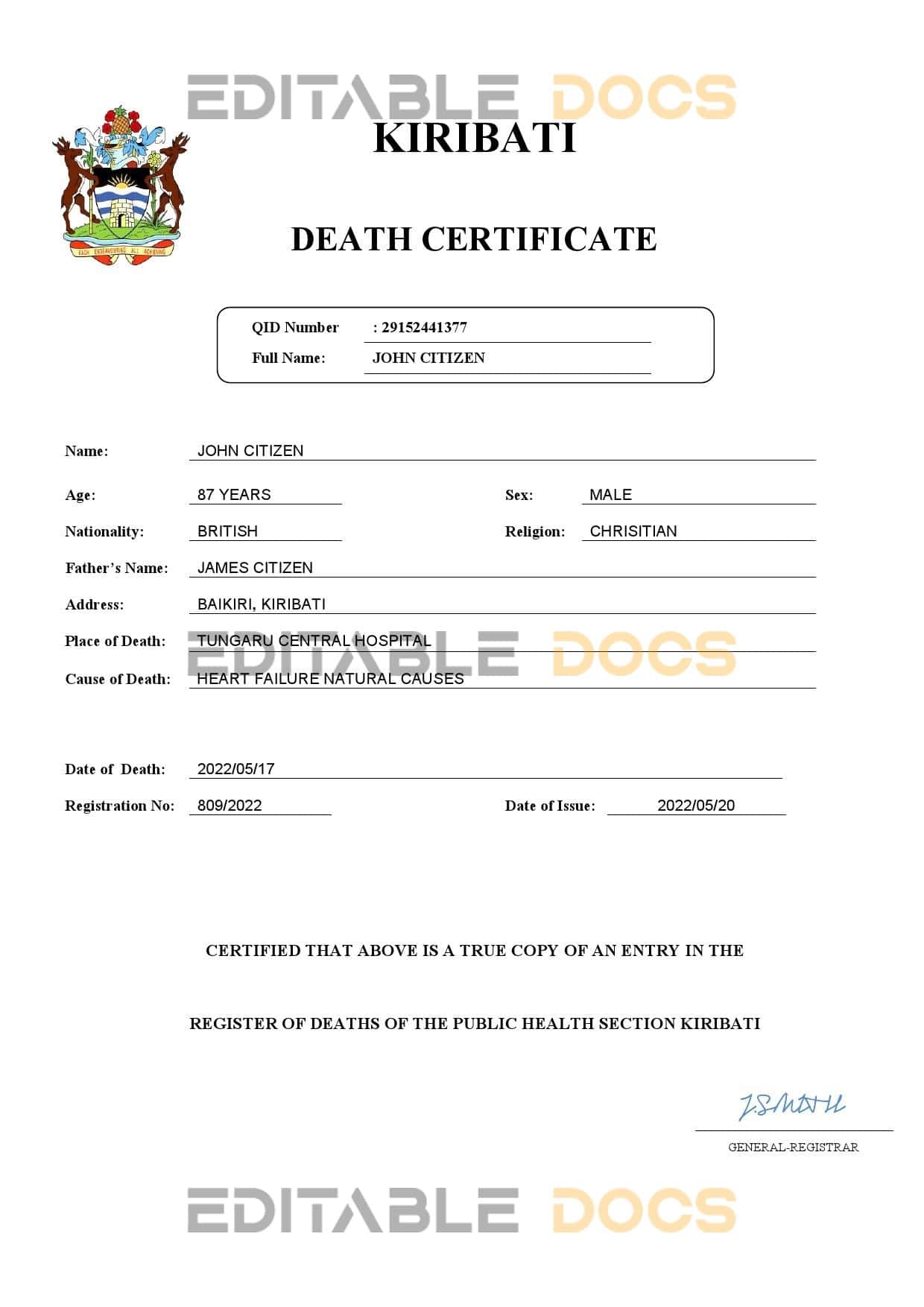 Fillable Kiribati Death PDF Templates | Blank Docs
