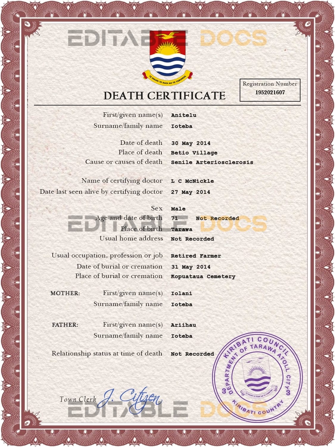 Customizable Kiribati Death Certificate PSD Templates | Instant Download