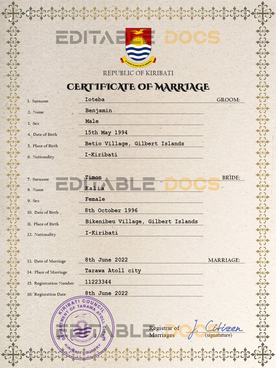 Kiribati Marriage Certificate | Editable PSD Templates