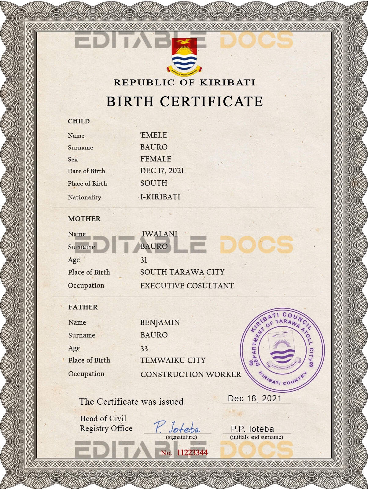 Authentic Kiribati Birth Certificate Template | Customize and Download Online