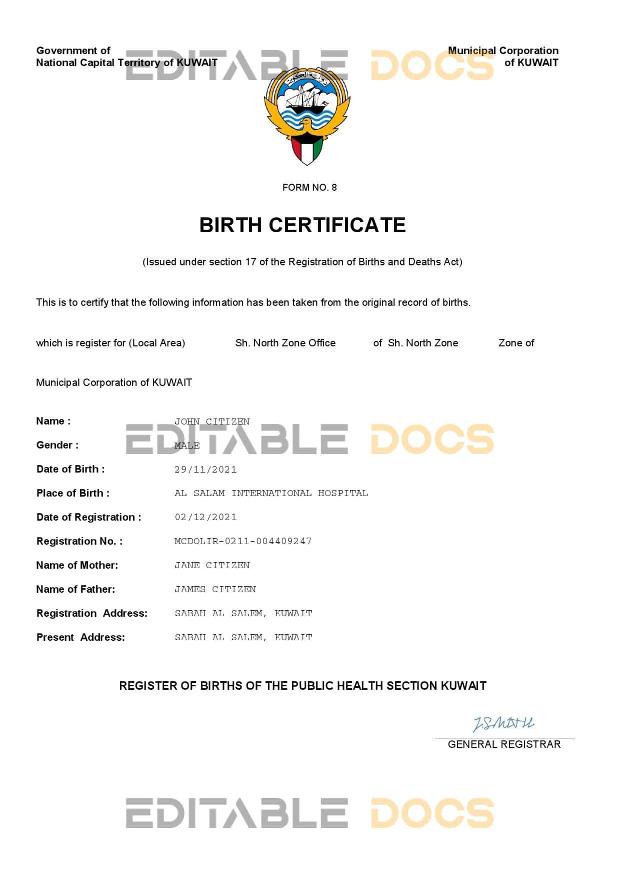 Authentic Kuwait Birth Certificate Template | Customize and Download Online