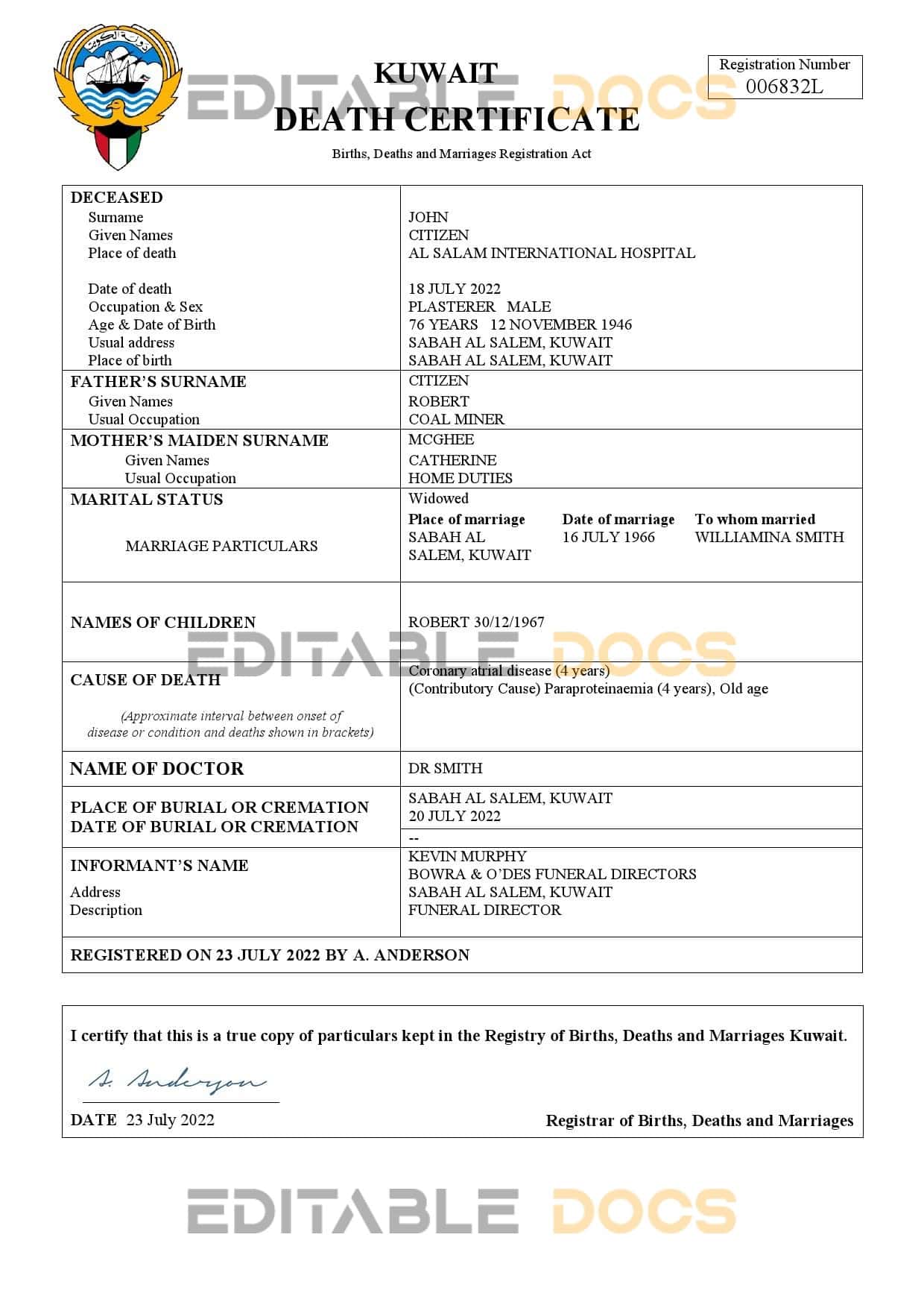 Fillable Kuwait Death PDF Templates | Blank Docs