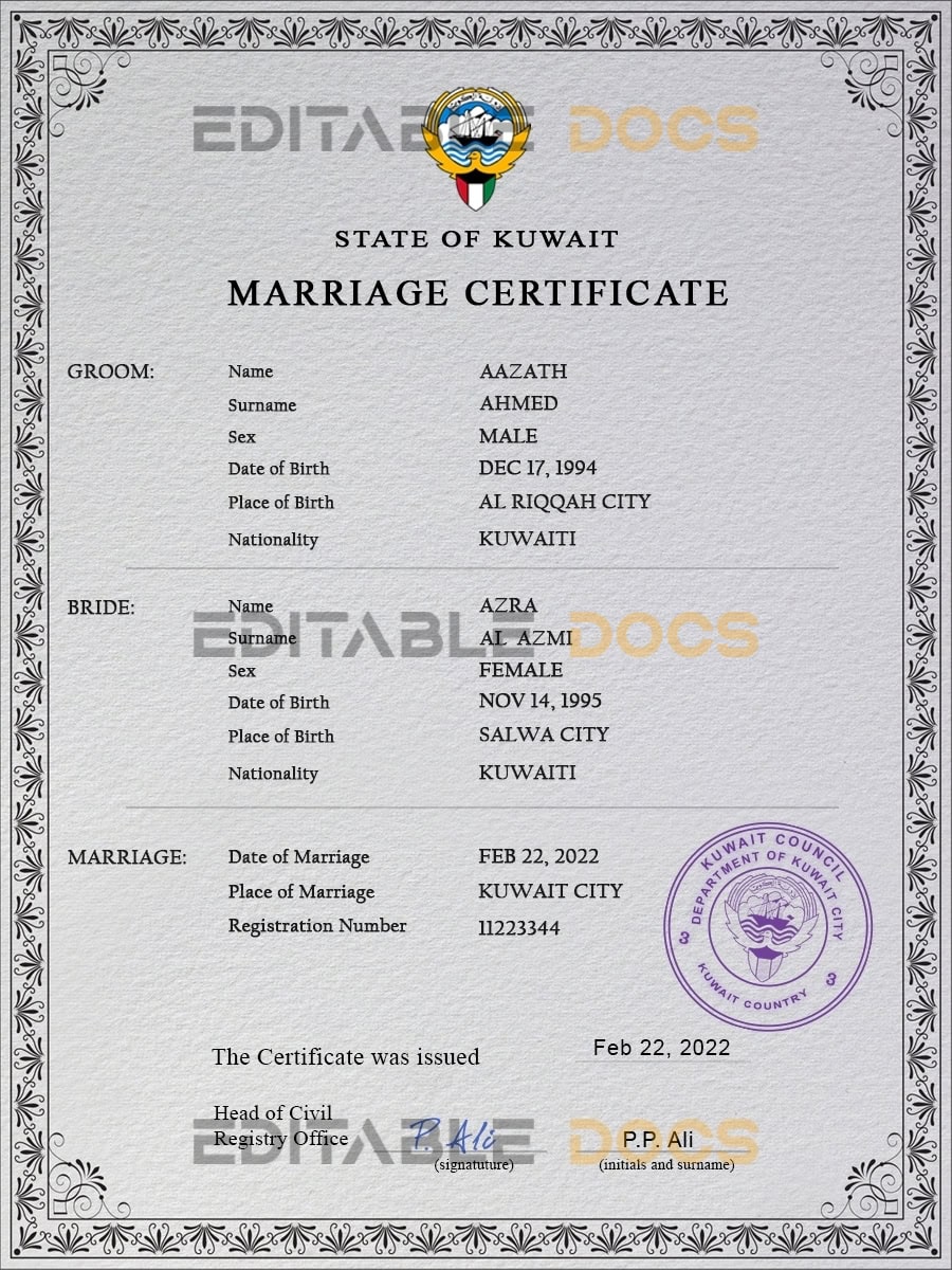 Kuwait Marriage Certificate | Editable PDF Templates
