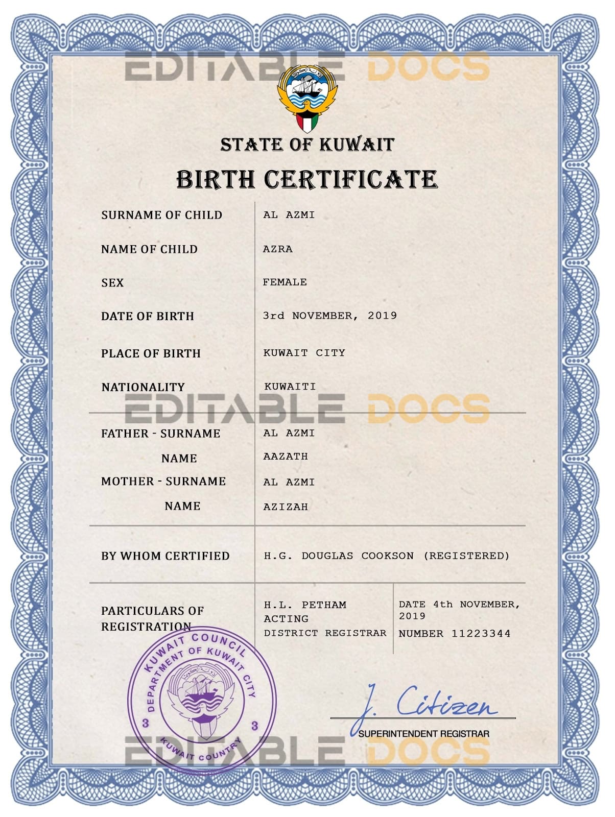 Authentic Kuwait Birth Certificate Template | Customize and Download Online