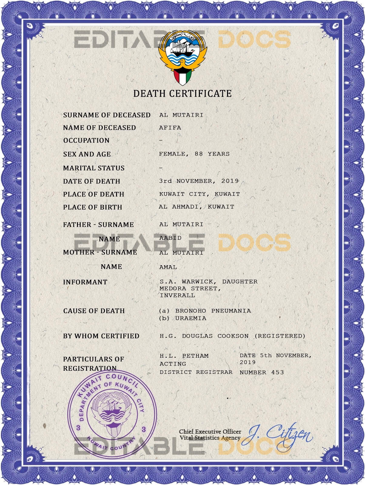 Customizable Kuwait Death Certificate PSD Templates | Instant Download