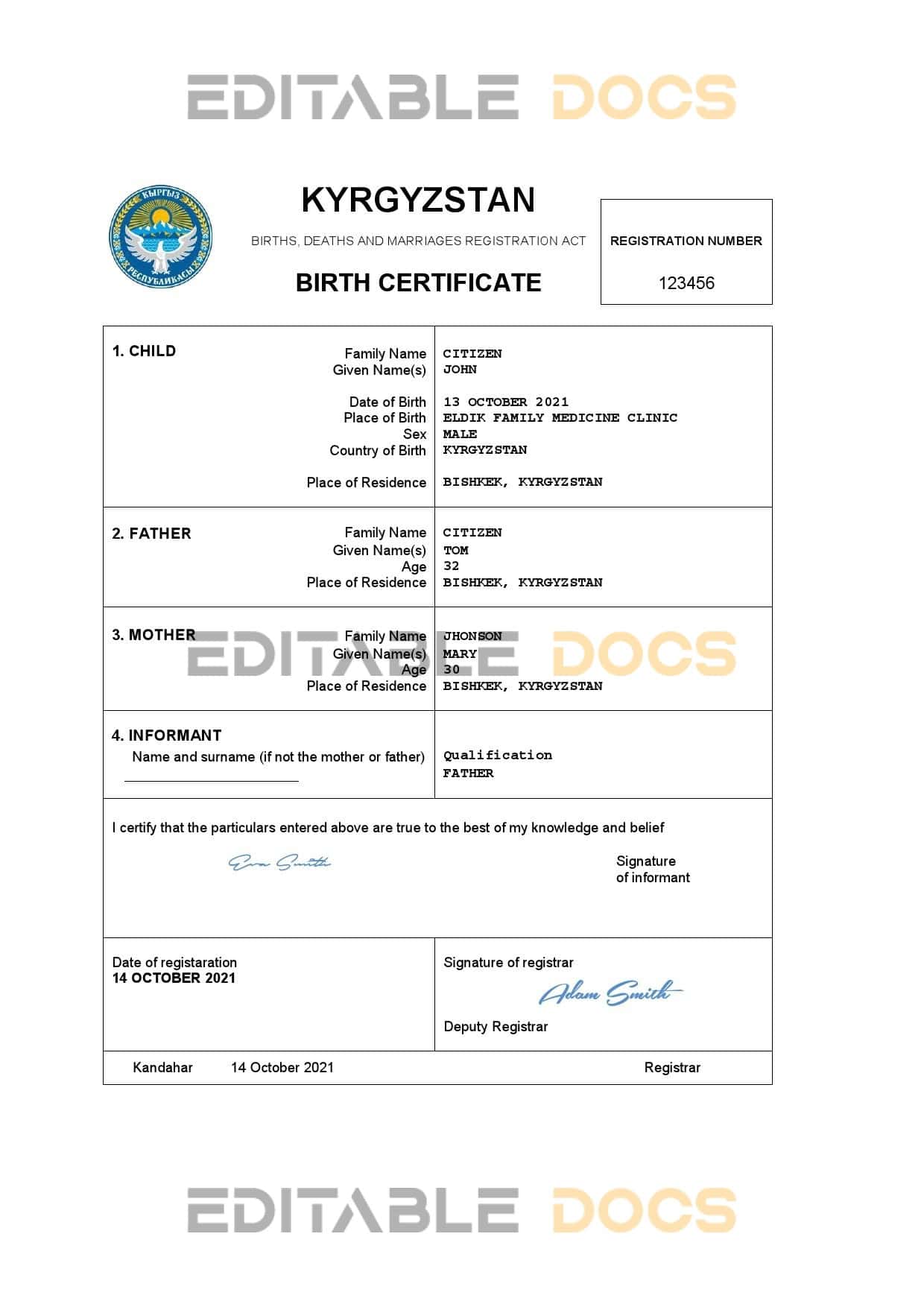 Authentic Kyrgyzstan Birth Certificate Template | Customize and Download Online