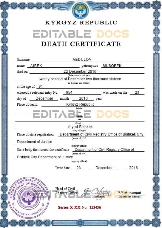 Customizable Kyrgyzstan Death Certificate PSD Templates | Instant Download