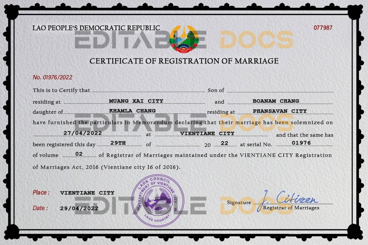 Laos Marriage Certificate | Editable PDF Templates