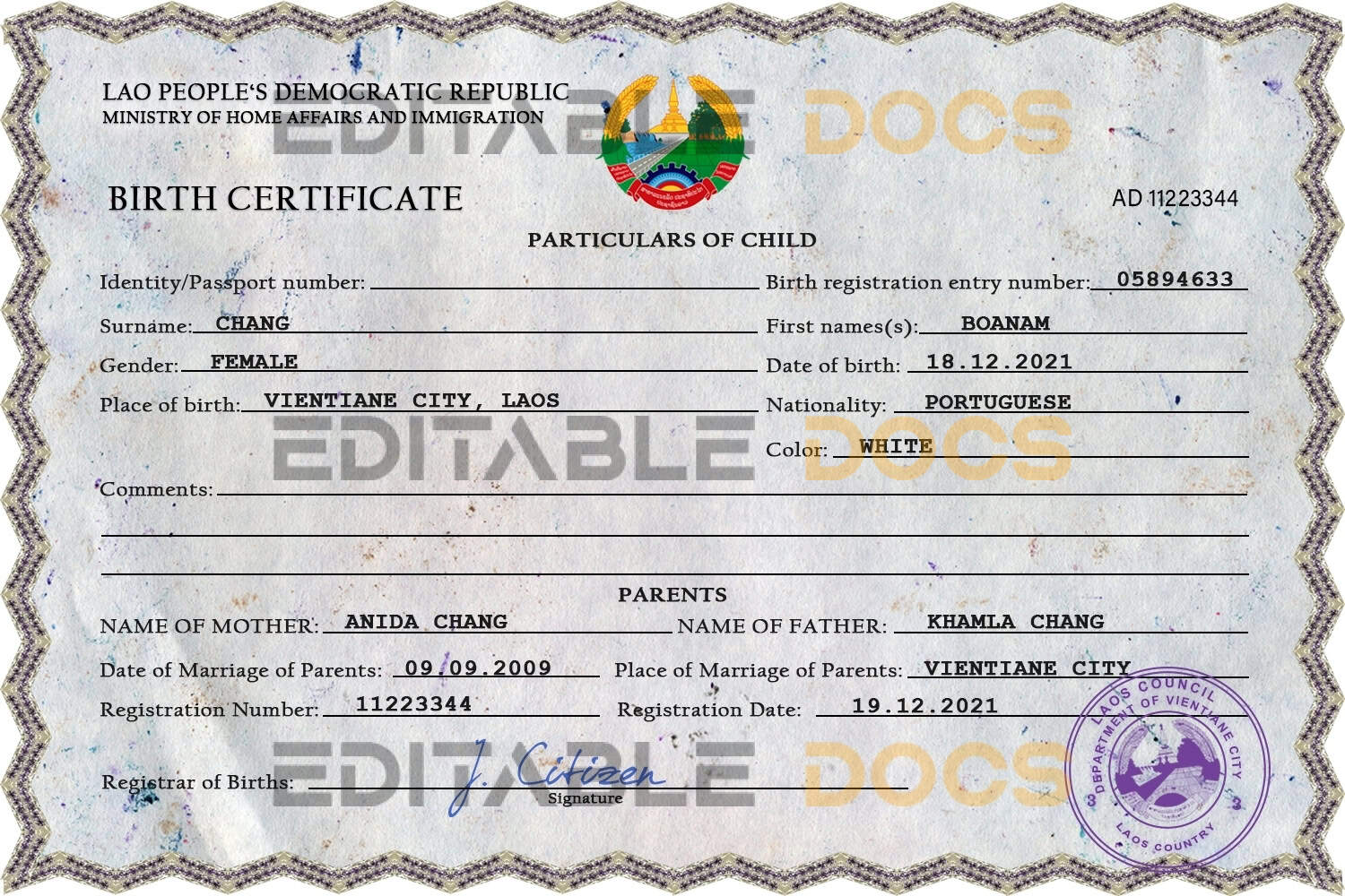 Authentic Laos Birth Certificate Template | Customize and Download Online