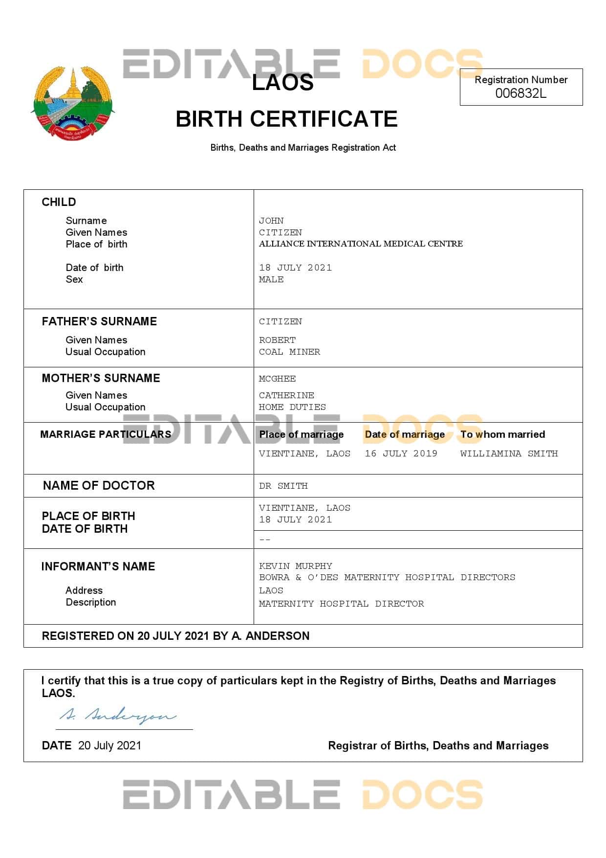 Authentic Laos Birth Certificate Template | Customize and Download Online