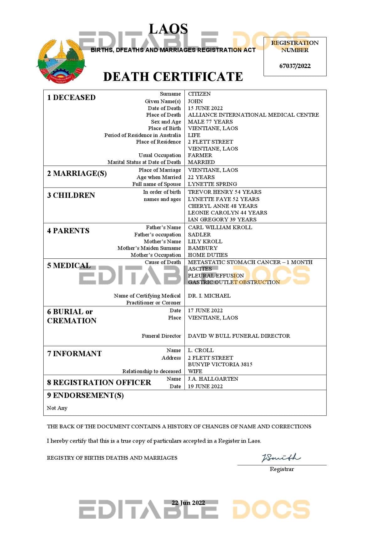Fillable Laos Death PDF Templates | Blank Docs