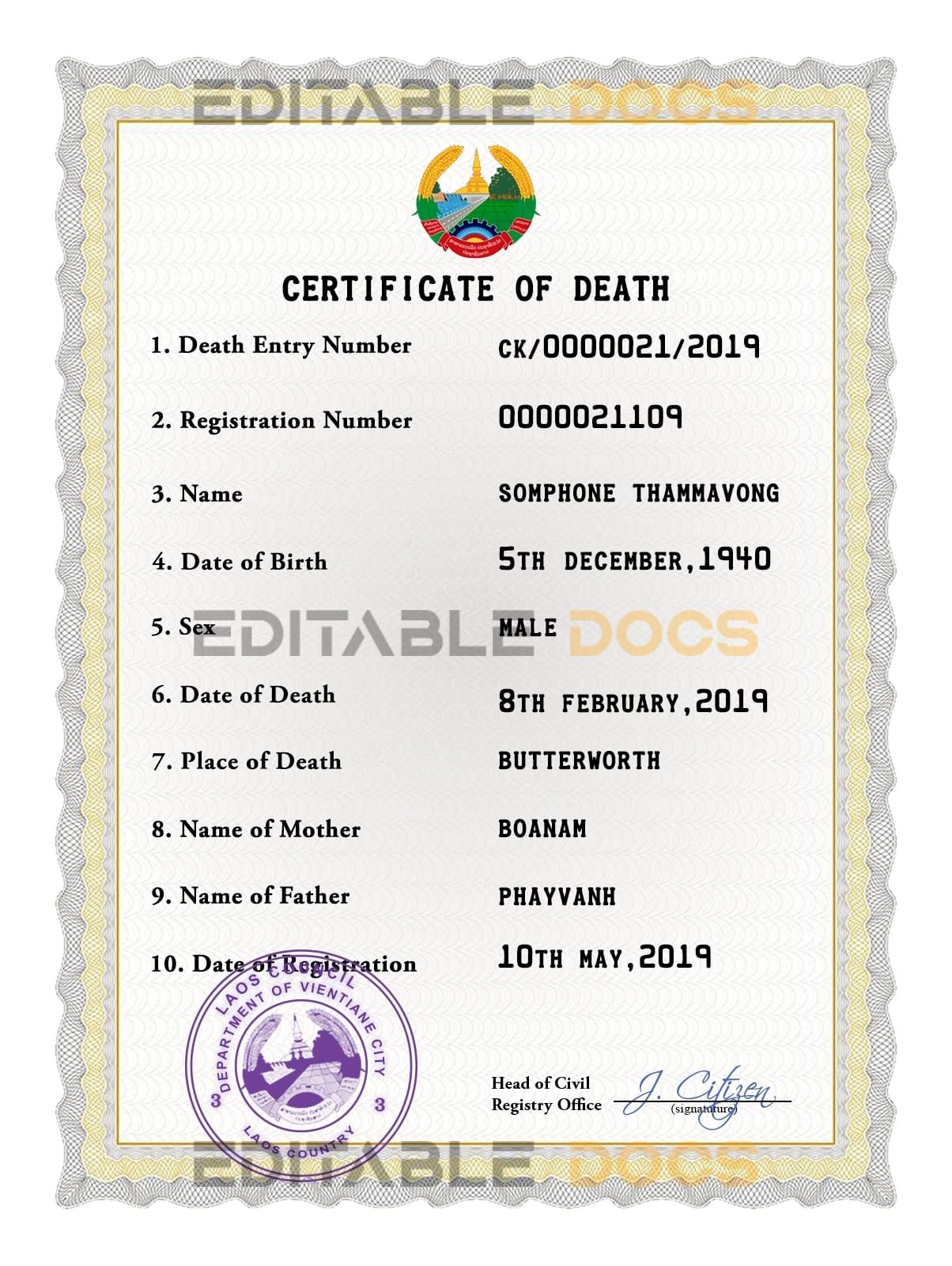Customizable Laos Death Certificate PSD Templates | Instant Download