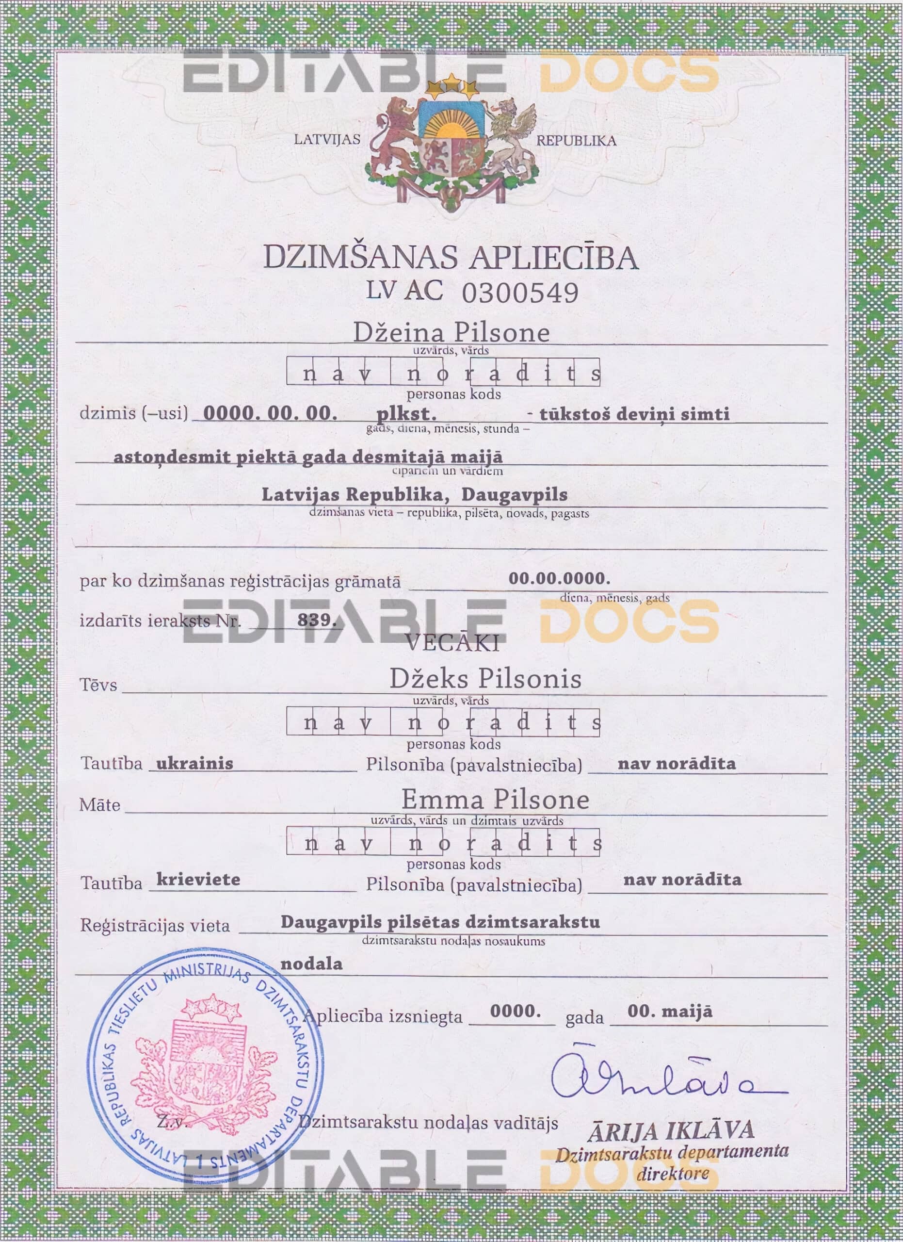 Authentic Latvia Birth Certificate Template | Customize and Download Online