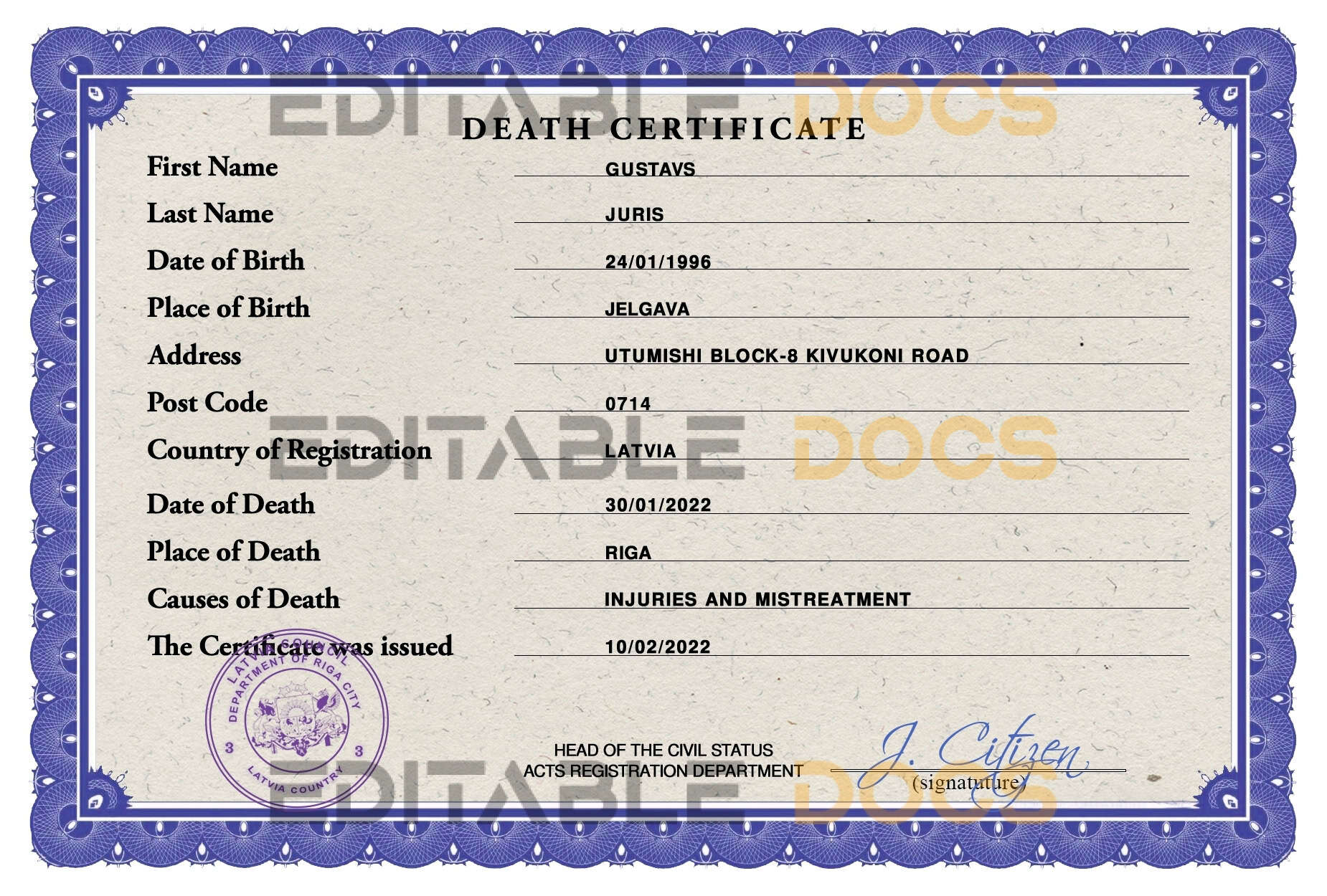 Customizable Latvia Death Certificate PSD Templates | Instant Download