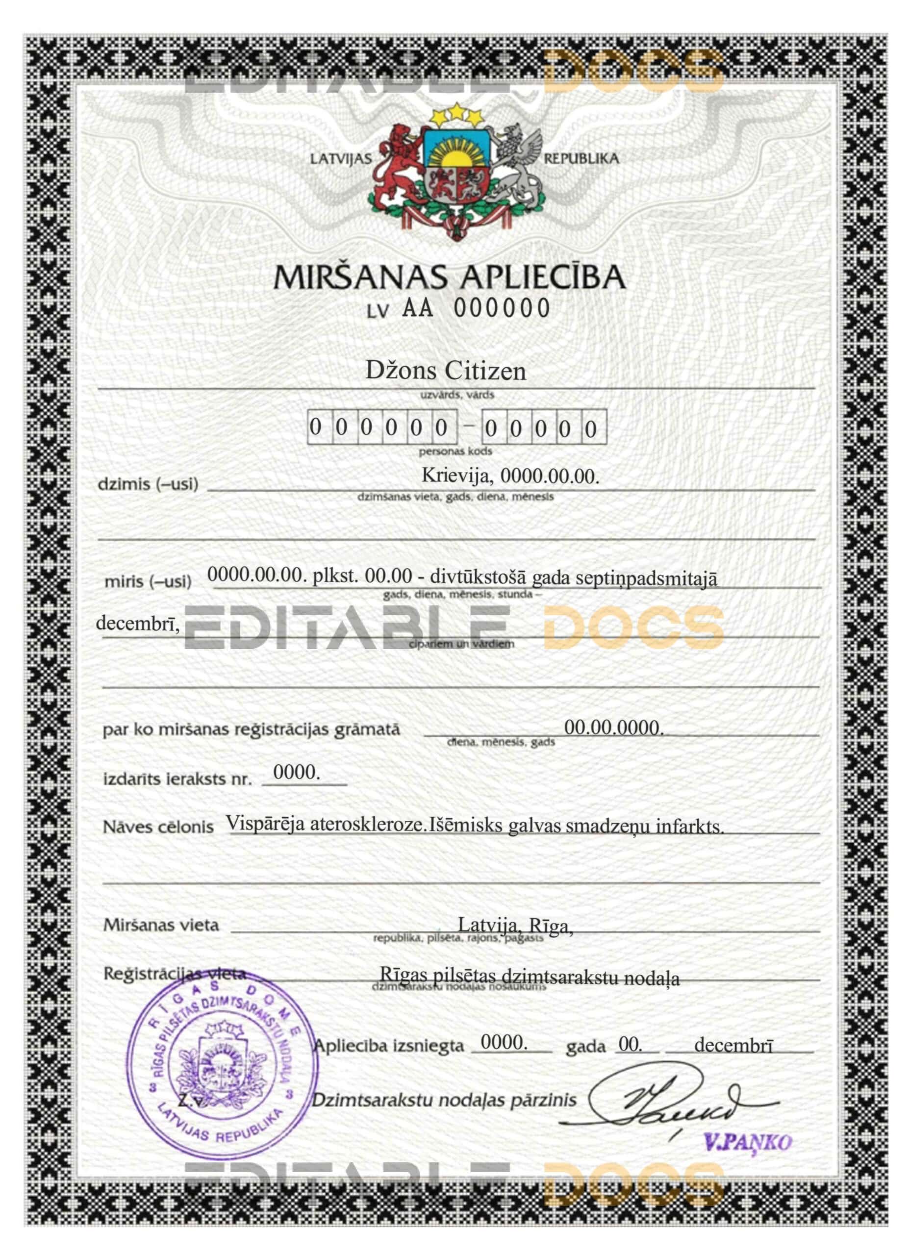 Customizable Latvia Death Certificate PSD Templates | Instant Download