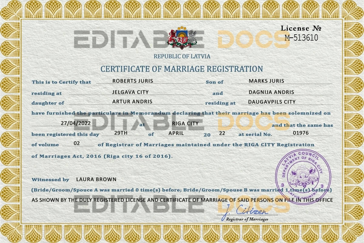 Latvia Marriage Certificate | Editable PDF Templates