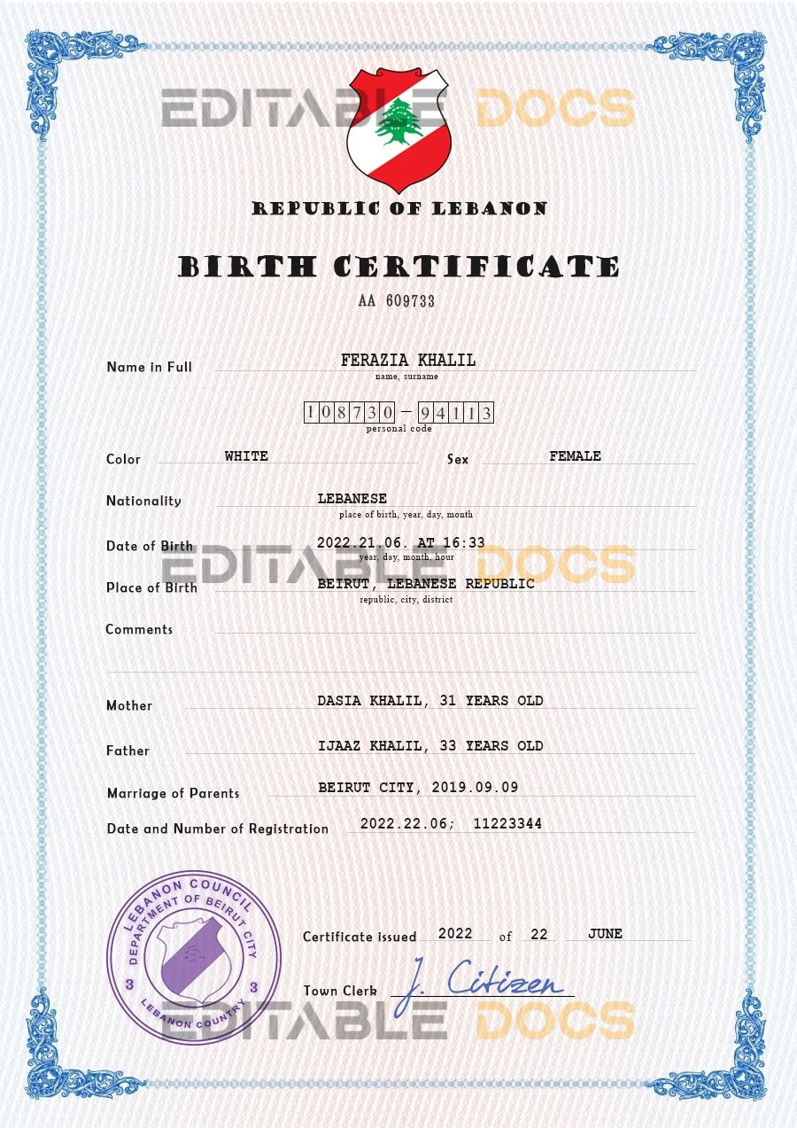 Authentic Lebanon Birth Certificate Template | Customize and Download Online