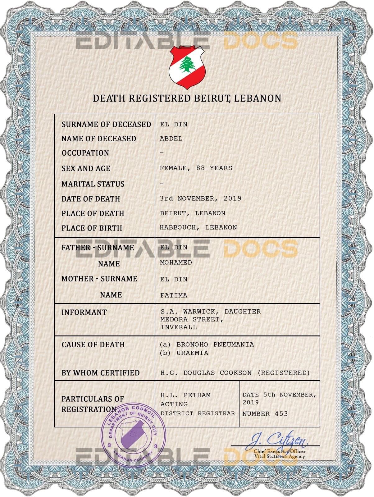 Customizable Lebanon Death Certificate PSD Templates | Instant Download