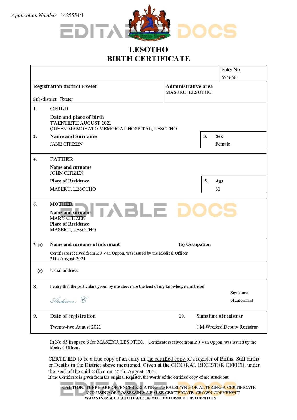 Authentic Lesotho Birth Certificate Template | Customize and Download Online