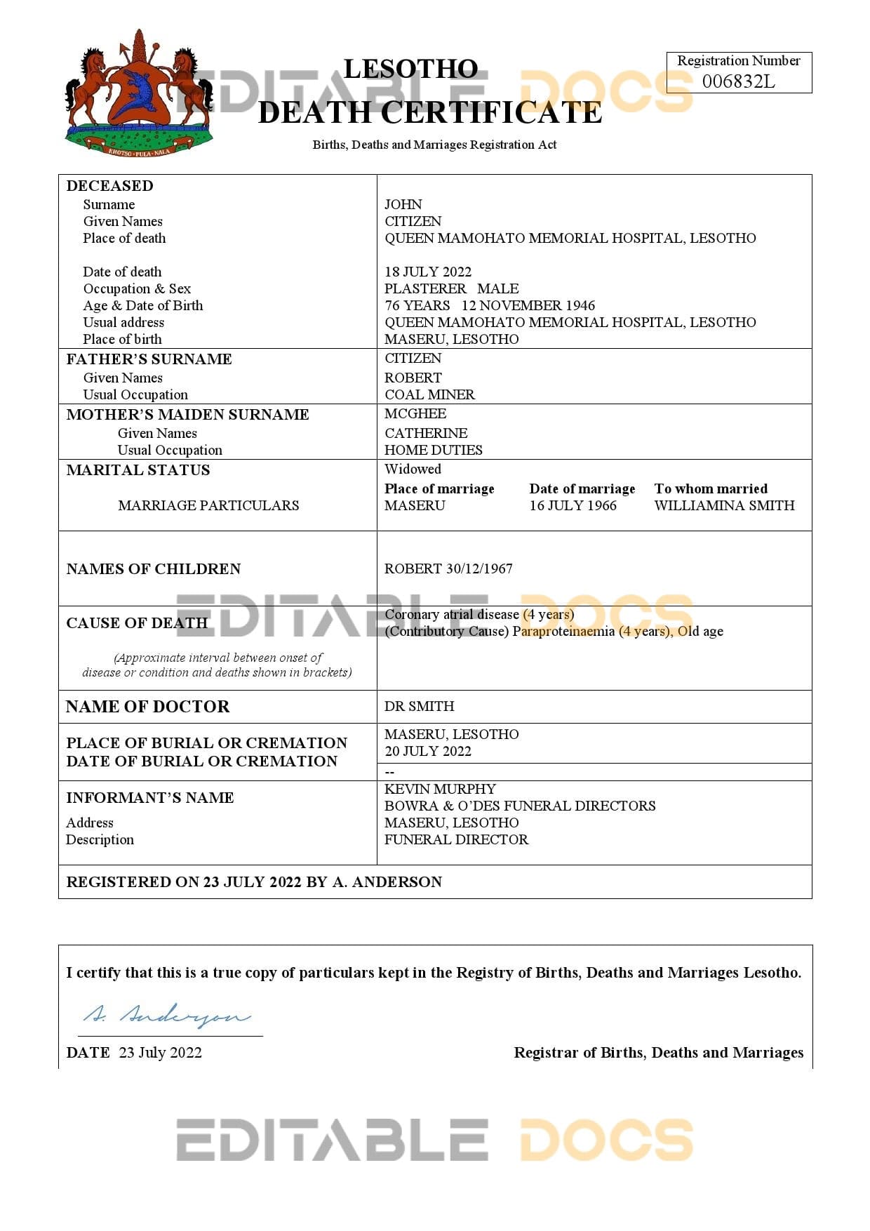 Fillable Lesotho Death PDF Templates | Blank Docs