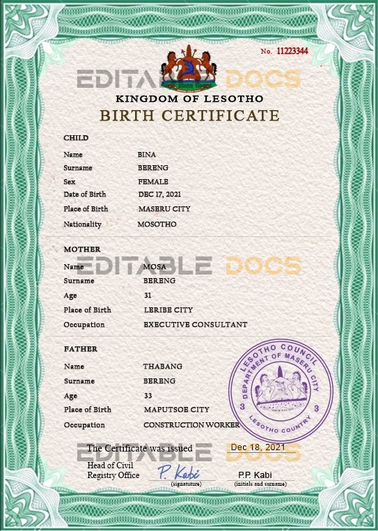 Authentic Lesotho Birth Certificate Template | Customize and Download Online