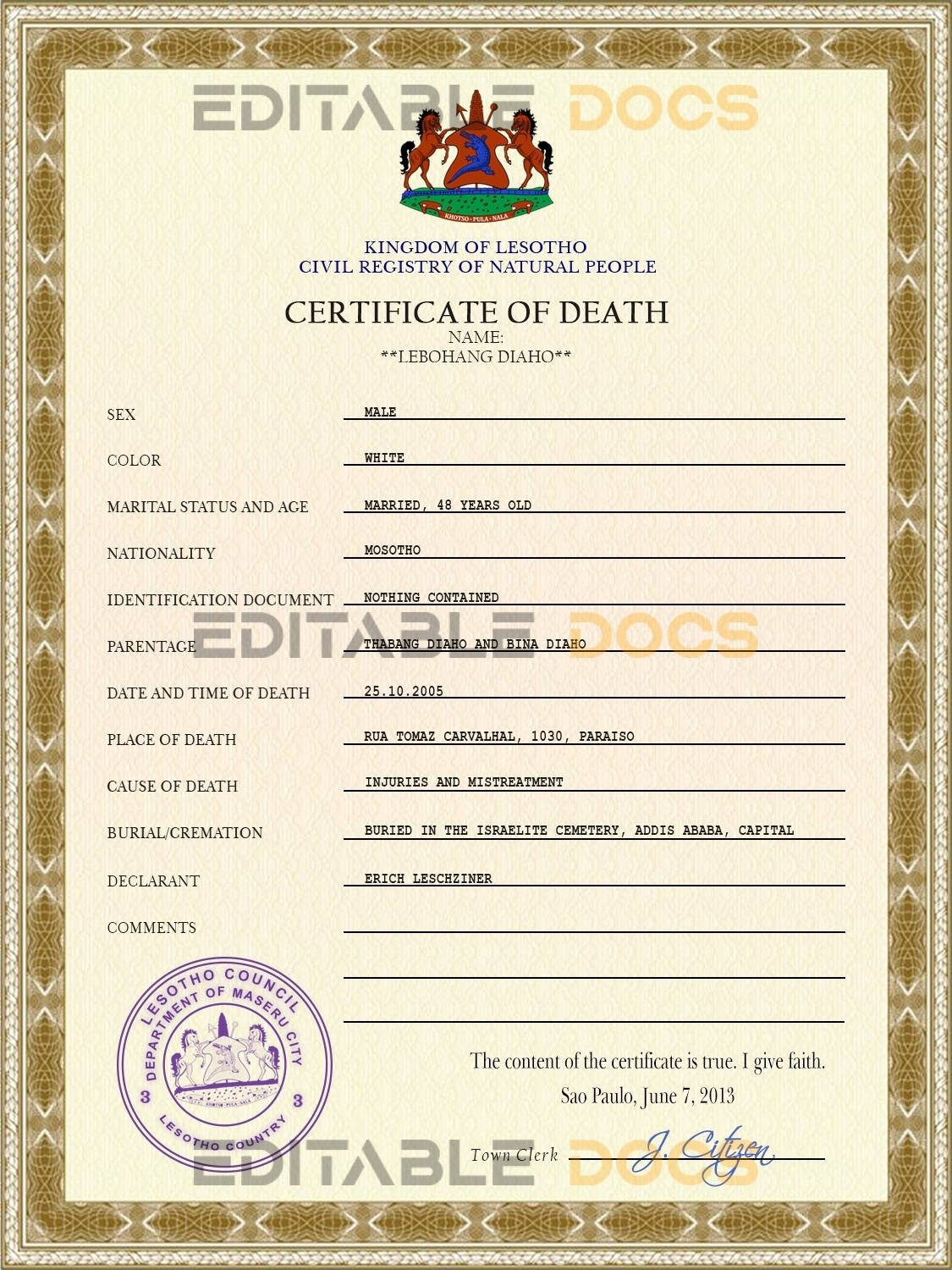 Customizable Lesotho Death Certificate PSD Templates | Instant Download