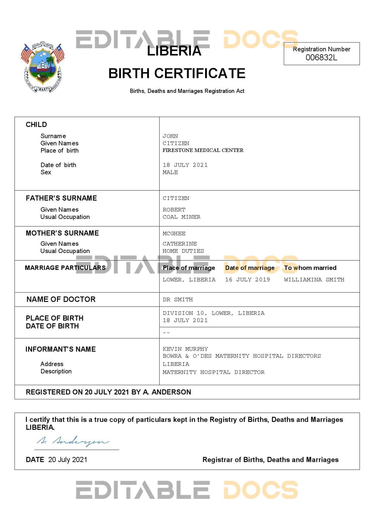 Authentic Liberia Birth Certificate Template | Customize and Download Online