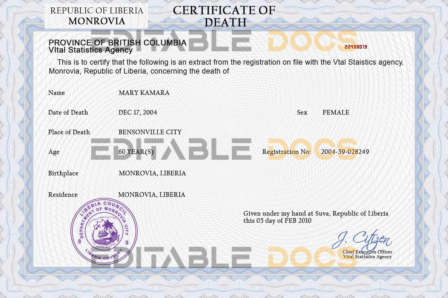 Customizable Liberia Death Certificate PSD Templates | Instant Download