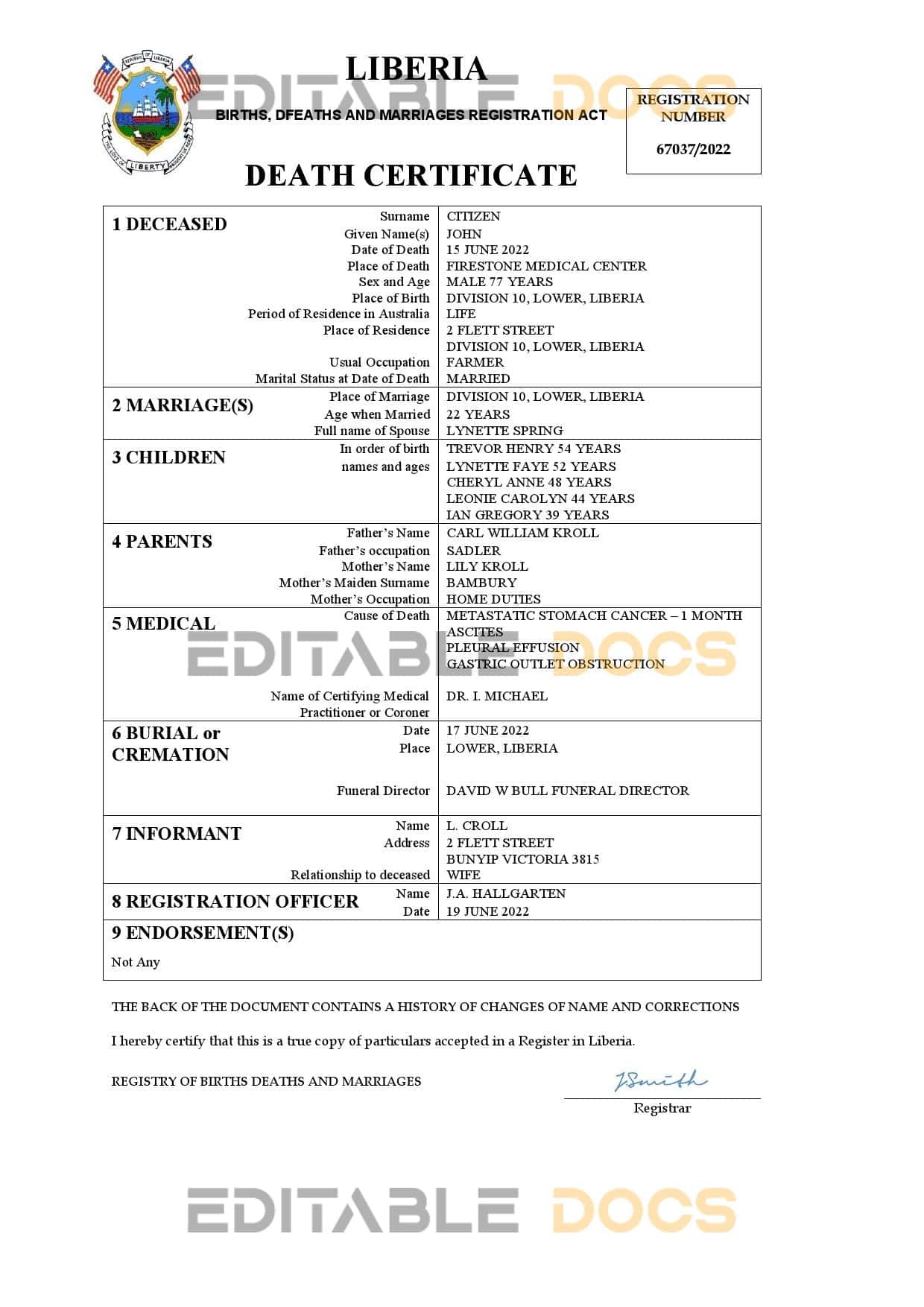 Fillable Liberia Death PDF Templates | Blank Docs