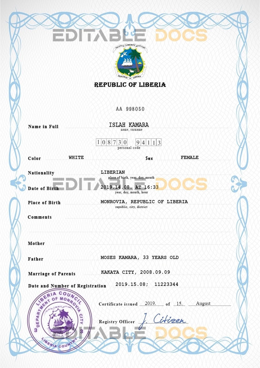 Authentic Liberia Birth Certificate Template | Customize and Download Online
